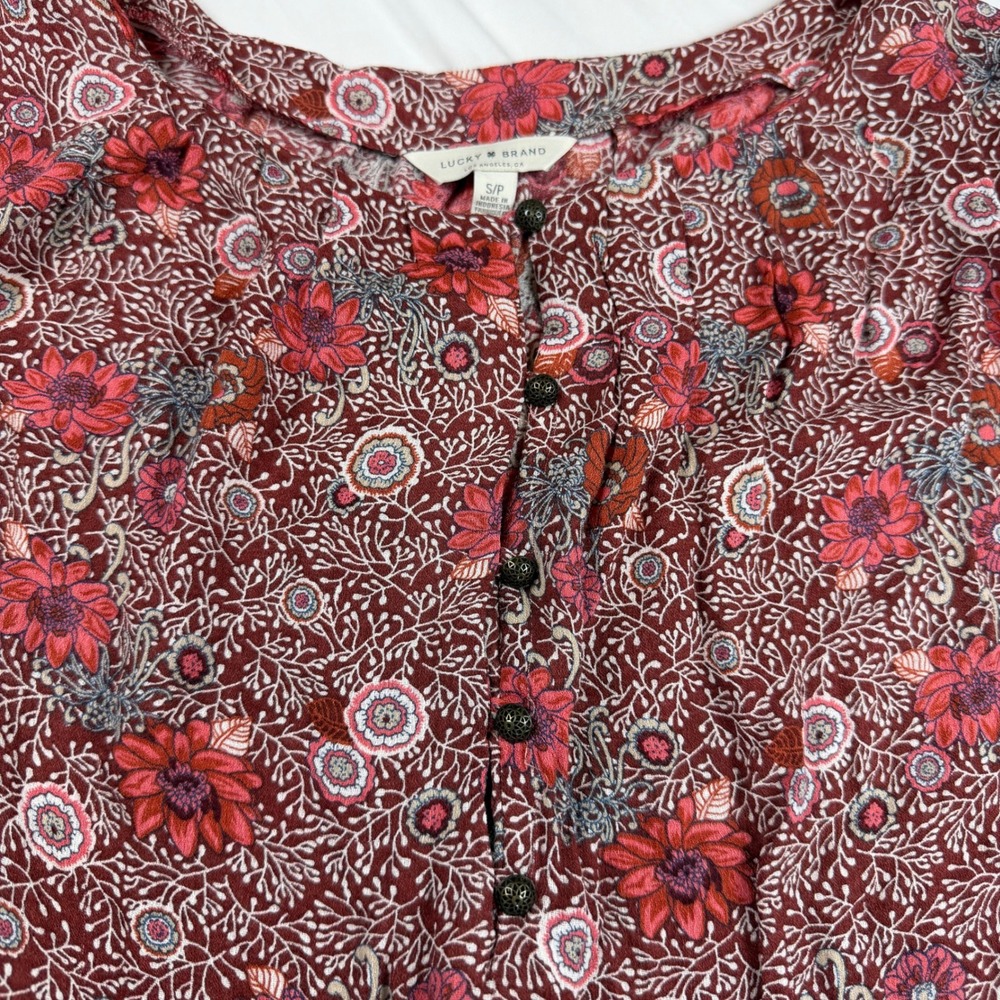 Lucky Brand Women Burgundy Red Floral Henley Peasant Blouse Long Sleeve Small - Picture 3 of 8
